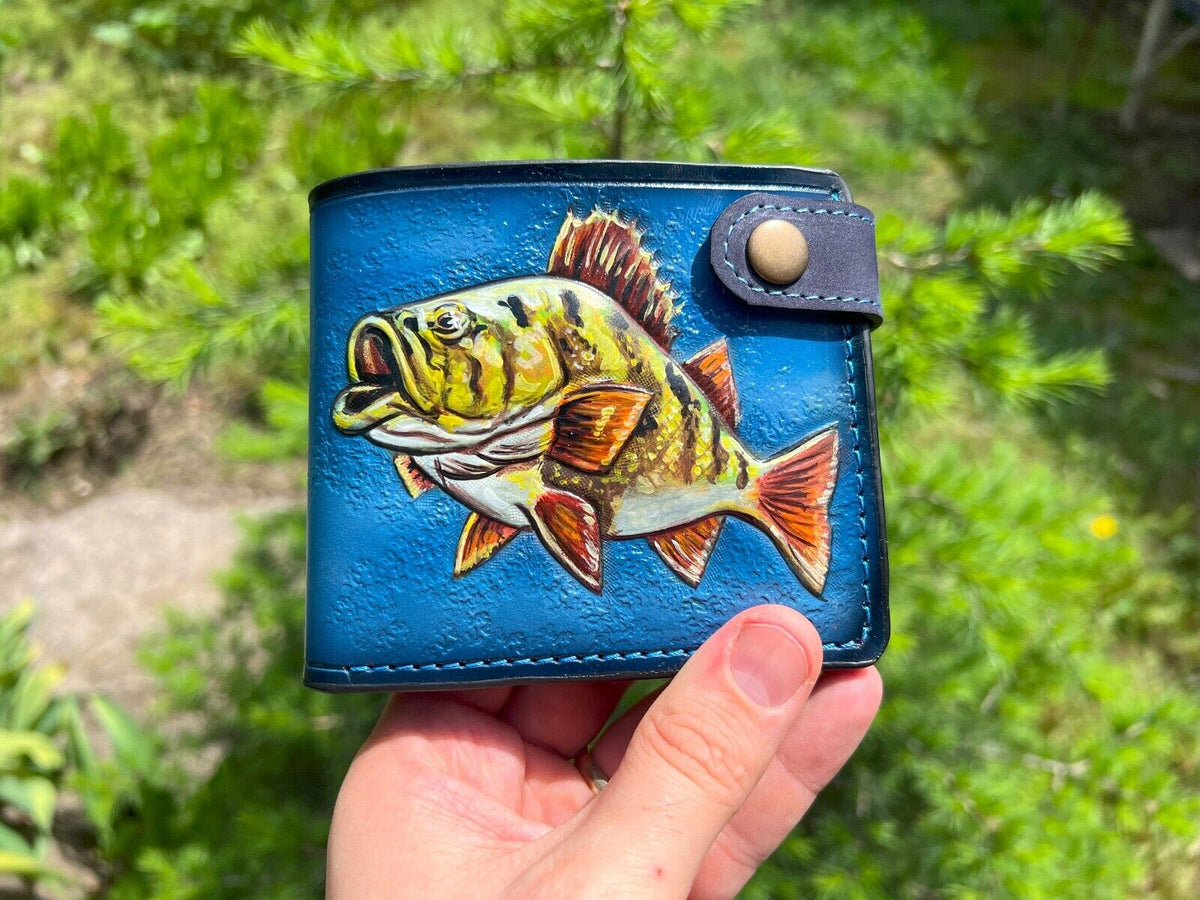 026 Hand Tooled Fish Leather Bifold Wallet – Embossed Anime Fisherman Biker Wallet, Gift for Him - Theodoros