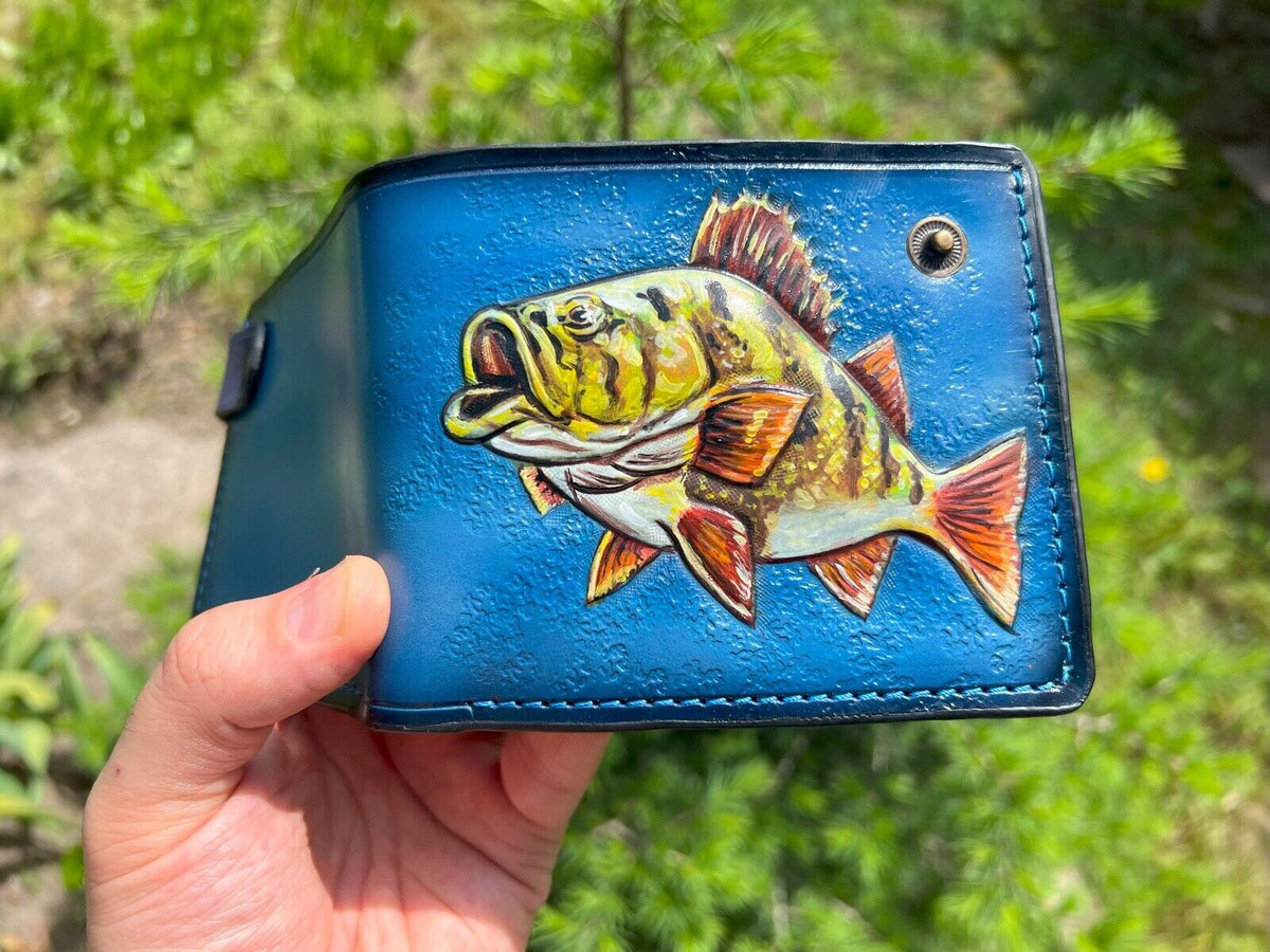 026 Hand Tooled Fish Leather Bifold Wallet – Embossed Anime Fisherman Biker Wallet, Gift for Him - Theodoros