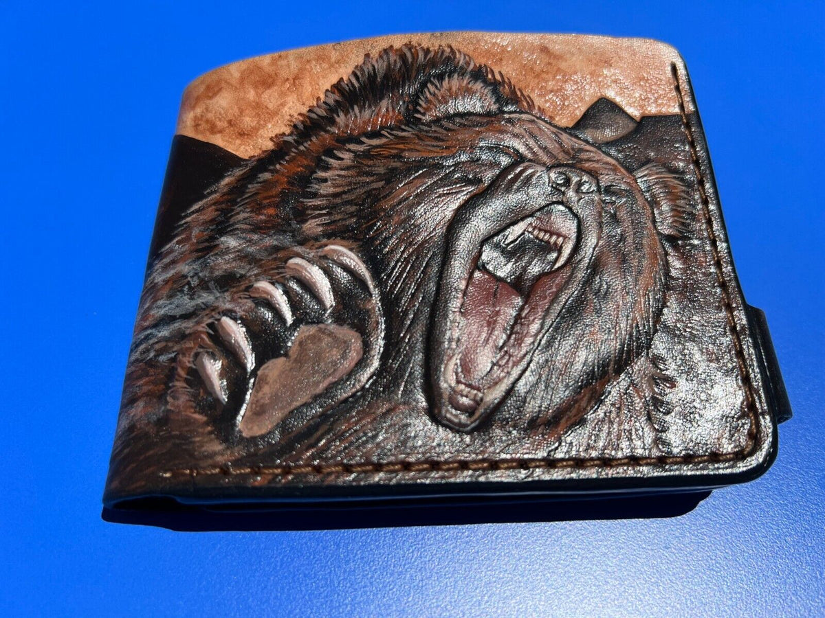 027 Hand Tooled Bear Leather Bifold Wallet – Embossed Mountain & Anime Biker Wallet, Gift for Him - Theodoros