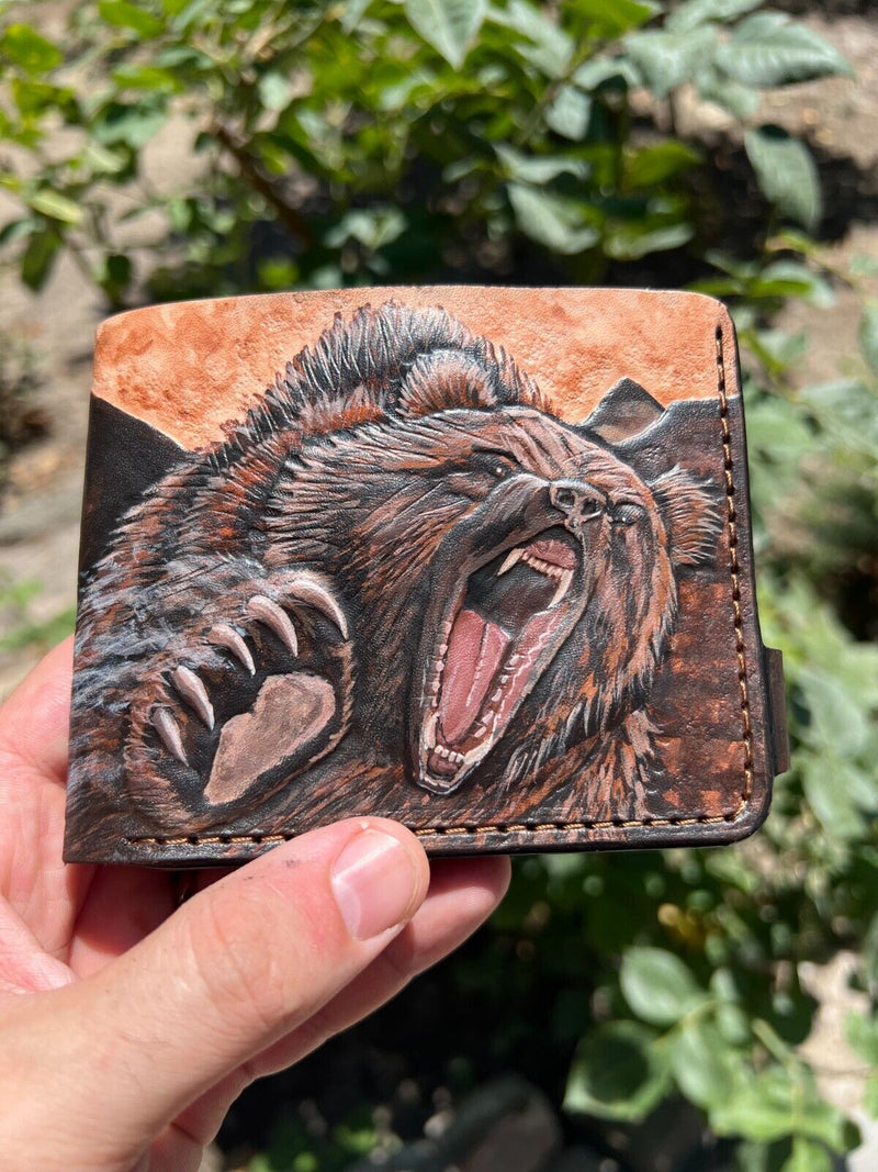 027 Hand Tooled Bear Leather Bifold Wallet – Embossed Mountain & Anime Biker Wallet, Gift for Him - Theodoros