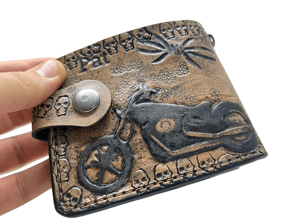 032 Skull Wallet, Harley Davidson Wallet, Moto Wallet, Bike Wallet, 3D Genuine Leather Wallet, Hand Carved Wallet, Biker Wallet, Embossed Wallet - Theodoros