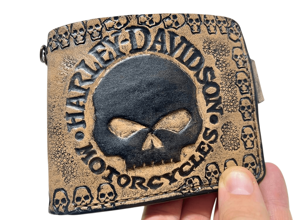 032 Skull Wallet, Harley Davidson Wallet, Moto Wallet, Bike Wallet, 3D Genuine Leather Wallet, Hand Carved Wallet, Biker Wallet, Embossed Wallet - Theodoros