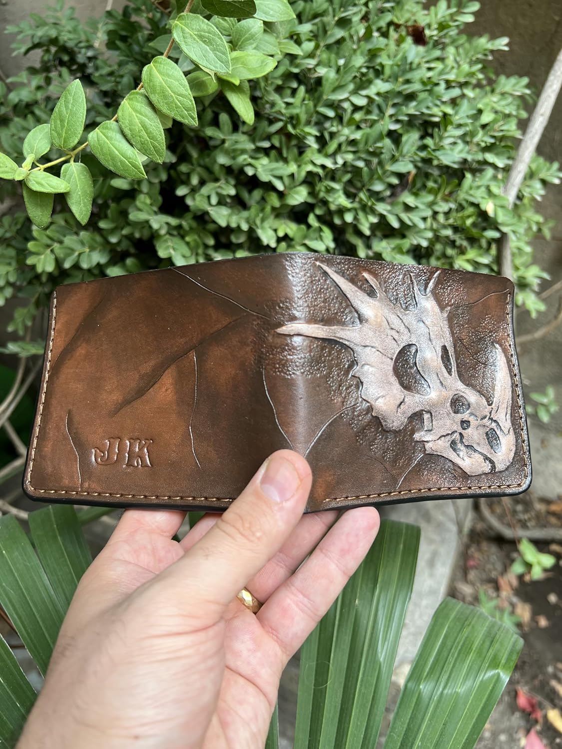 033 Handcrafted Leather Carved Bifold Skull Wallet – Dinosaur Skull & Biker Designs, Embossed Wallet - Theodoros