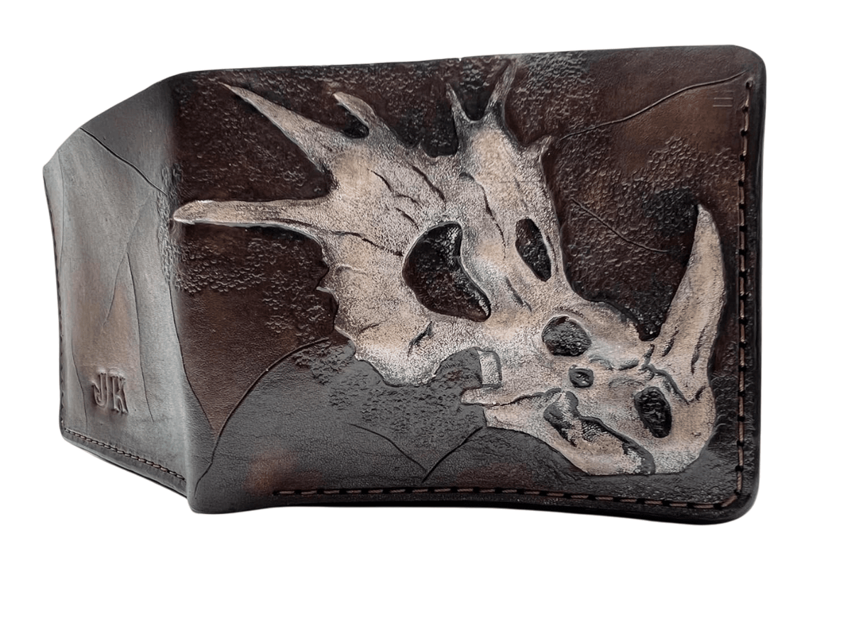 033 Handcrafted Leather Carved Bifold Skull Wallet – Dinosaur Skull & Biker Designs, Embossed Wallet - Theodoros