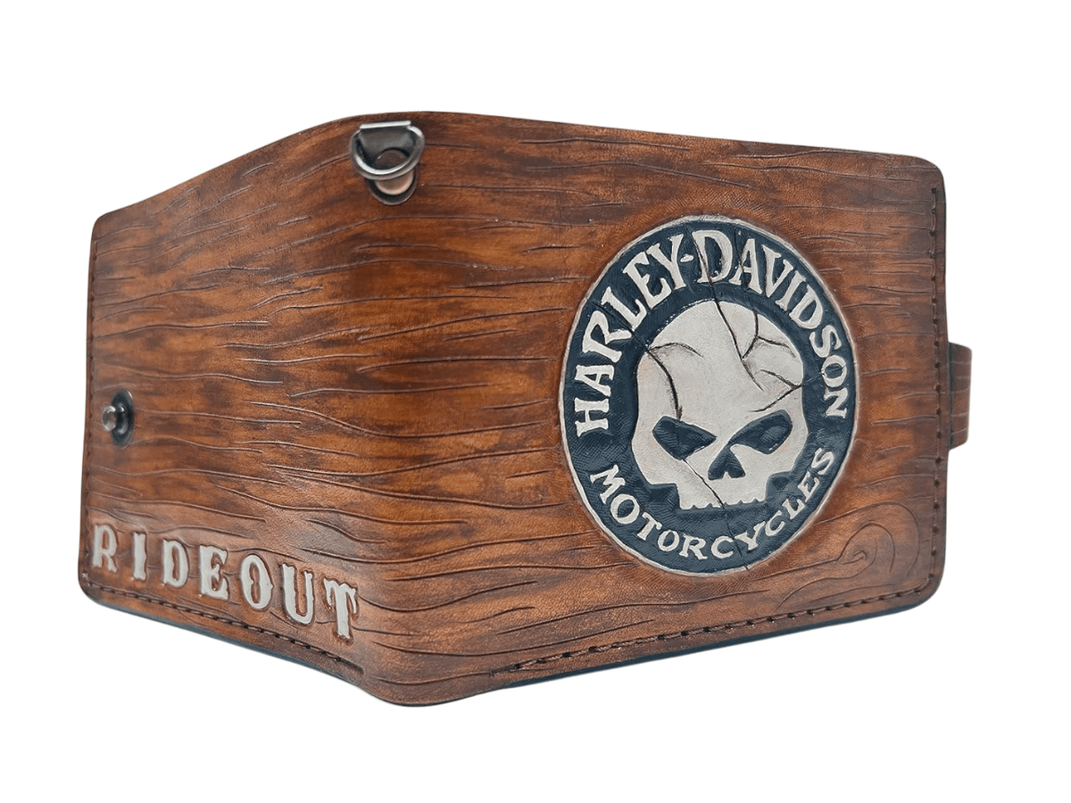 034 Skull Leather Wallet, Harley Davidson Wallet, Moto Wallet, Bike Wallet, 3D Genuine Leather Wallet, Hand Carved Wallet, Biker Wallet, Embossed Wallet (Copy) - Theodoros