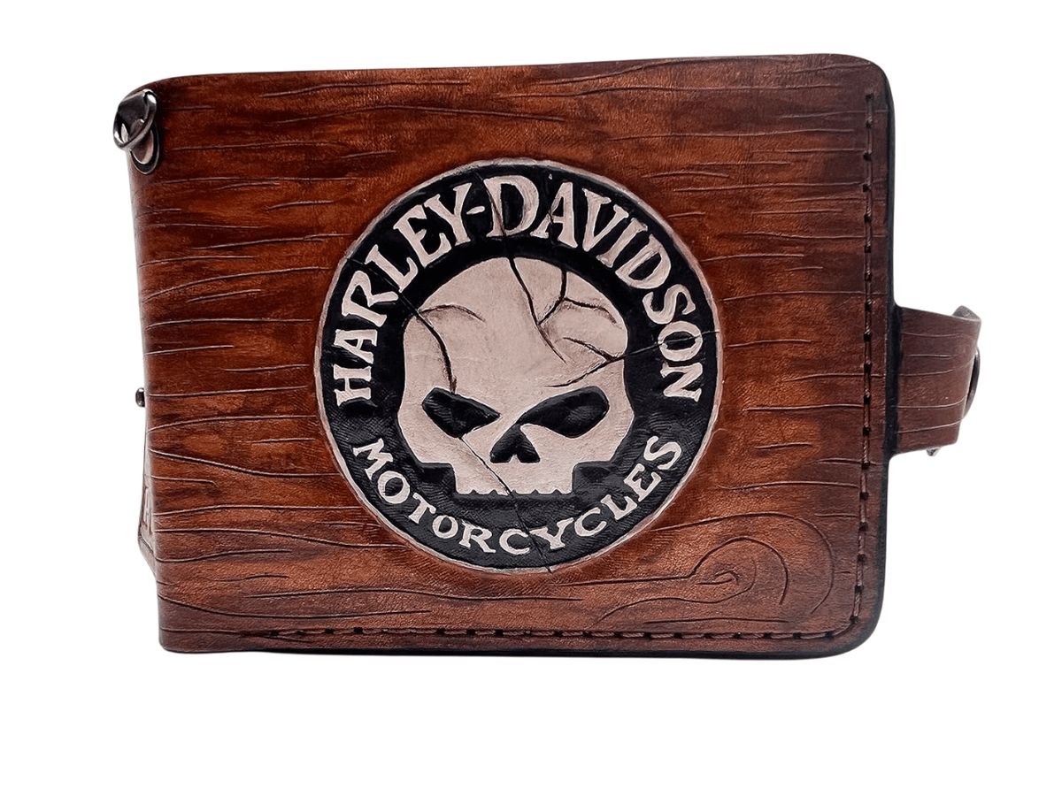 034 Skull Leather Wallet, Harley Davidson Wallet, Moto Wallet, Bike Wallet, 3D Genuine Leather Wallet, Hand Carved Wallet, Biker Wallet, Embossed Wallet (Copy) - Theodoros