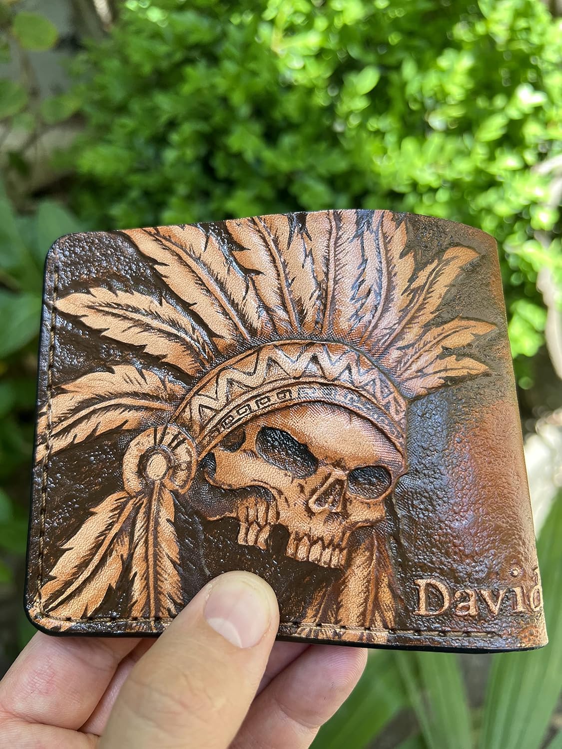 035 Hand Tooled Leather Carved Biker Wallet – Indian Skull, Red Man & Native American Design - Theodoros