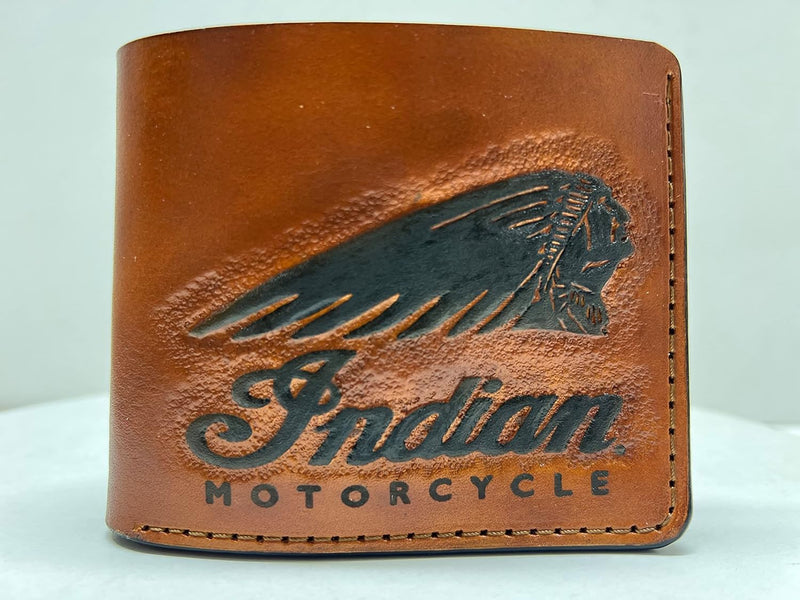 035 Hand Tooled Leather Carved Biker Wallet – Indian Skull, Red Man & Native American Design - Theodoros