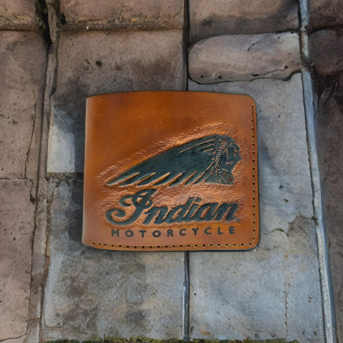 035 Hand Tooled Leather Carved Biker Wallet – Indian Skull, Red Man & Native American Design - Theodoros