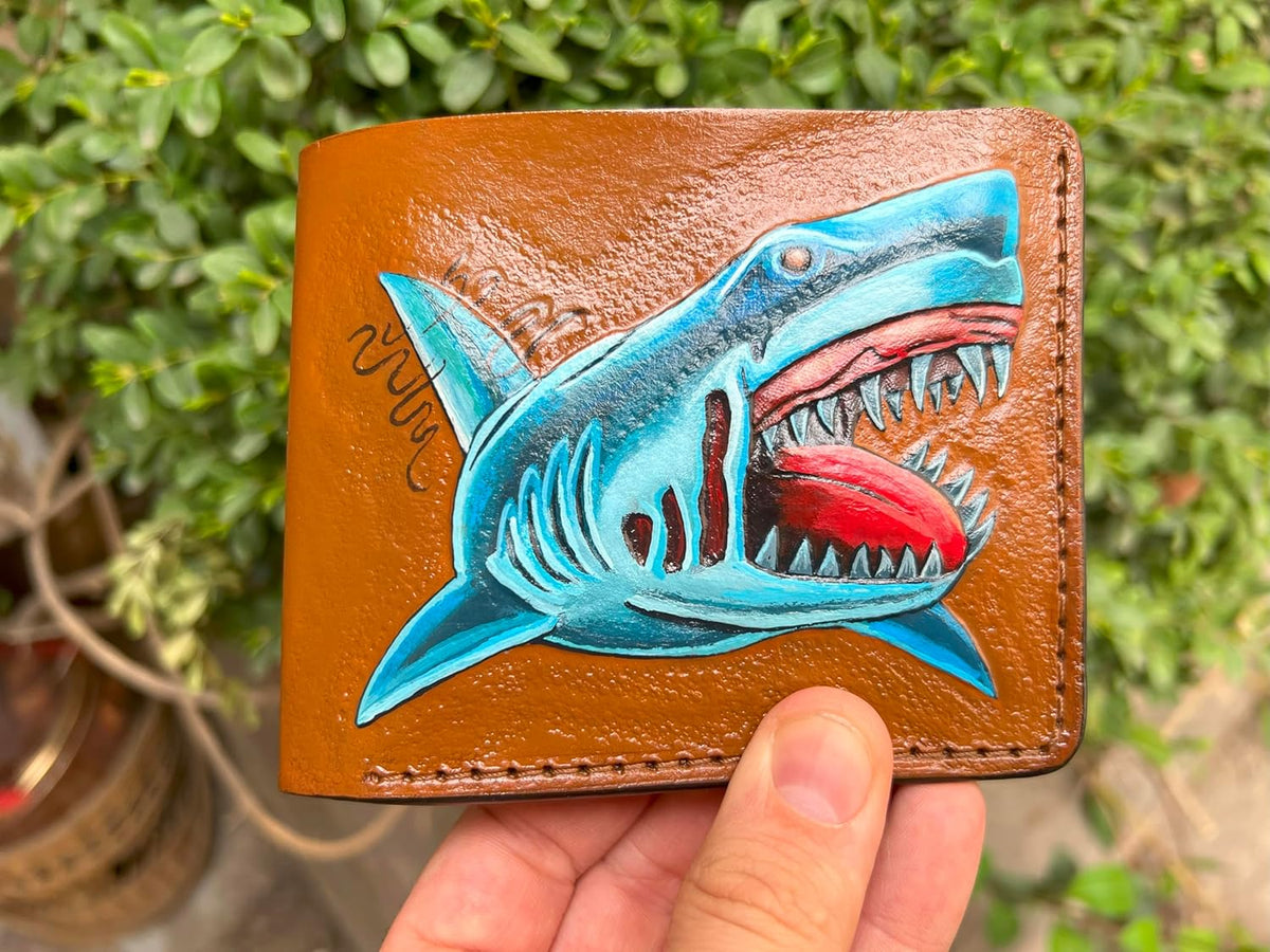040 Handcrafted Bifold & Leather Carved Shark Wallet | Killer Shark & Biker Designs - Theodoros