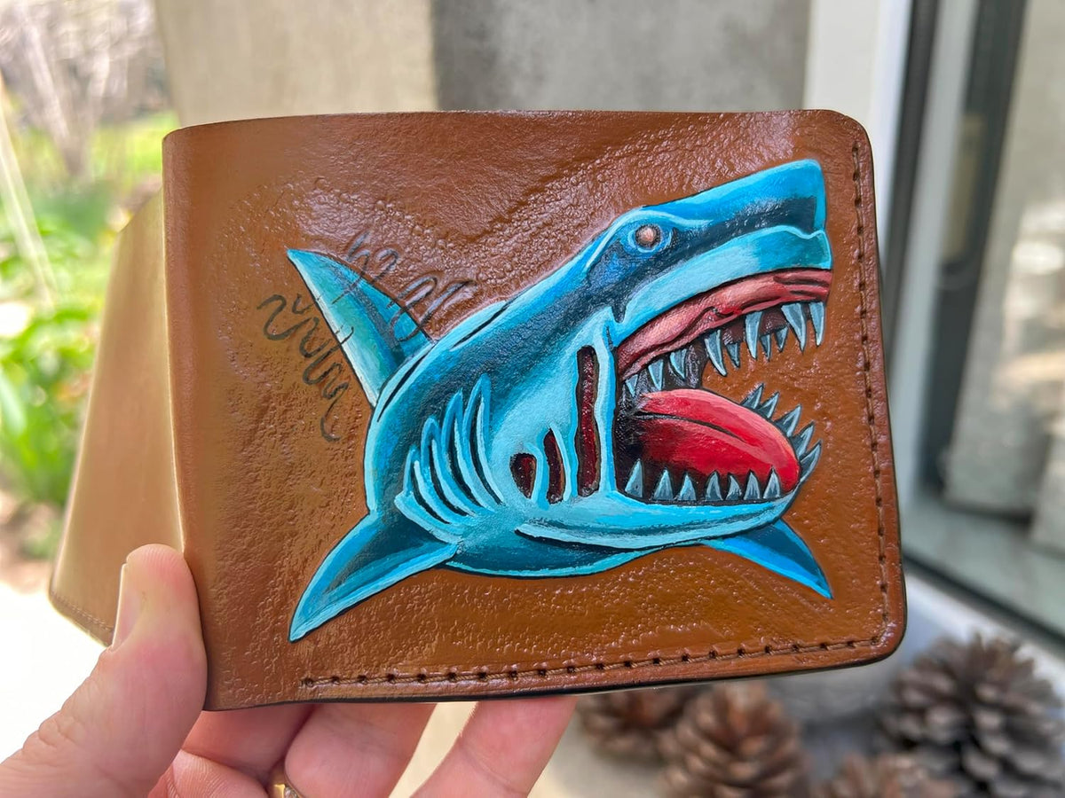 040 Handcrafted Bifold & Leather Carved Shark Wallet | Killer Shark & Biker Designs - Theodoros