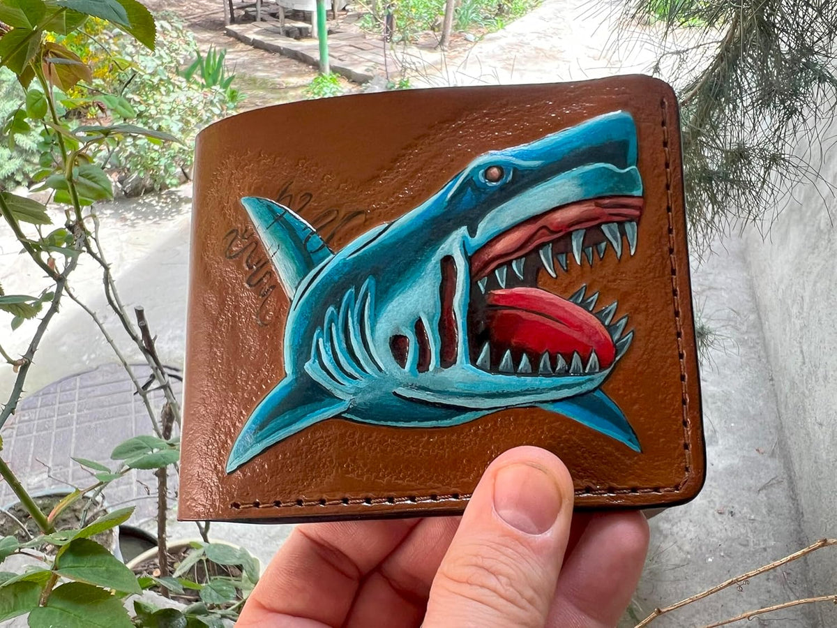 040 Handcrafted Bifold & Leather Carved Shark Wallet | Killer Shark & Biker Designs - Theodoros