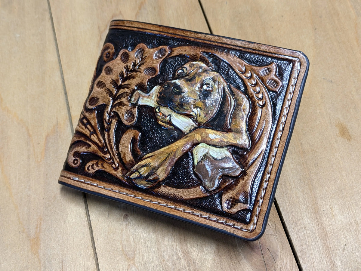 dog portrait engraved leather bifold wallet handmade