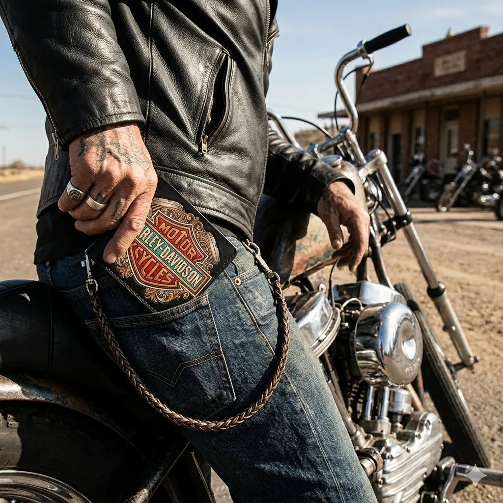Handmade bifold leather wallet with deep-relief hand-carving of a motorcycle engine motif and classic Harley-Davidson emblem.