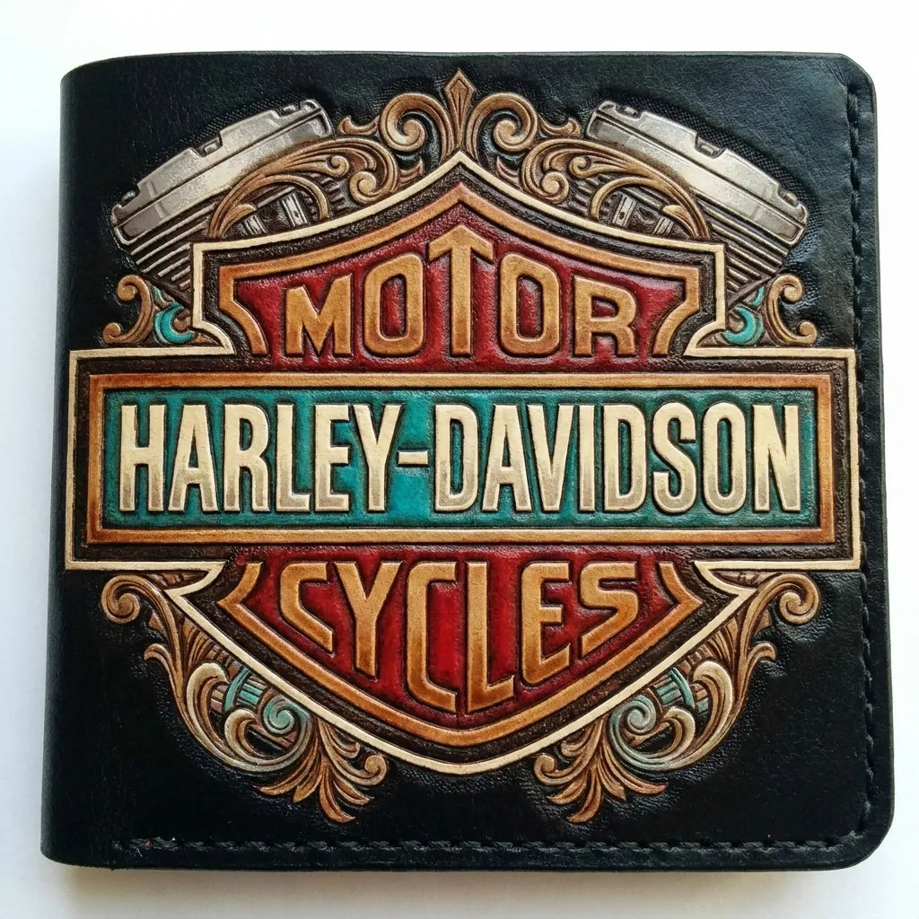 Custom-dyed vintage style leather wallet with a hand-tooled Harley-Davidson logo, featuring distressed teal and copper accents.