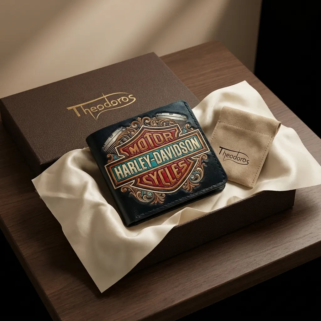 Theodoros leather unboxing set featuring a hand-tooled Harley-Davidson full-grain leather wallet in a premium gift box.