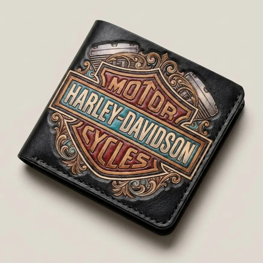 Hand-tooled leather biker wallet featuring a custom Harley-Davidson Cycles shield logo with ornate filigree and vintage coloring.