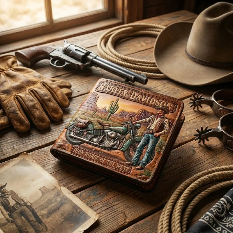 Hand-tooled Harley-Davidson "Iron Horse of the West" leather wallet displayed on a rustic wooden table with a cowboy hat.