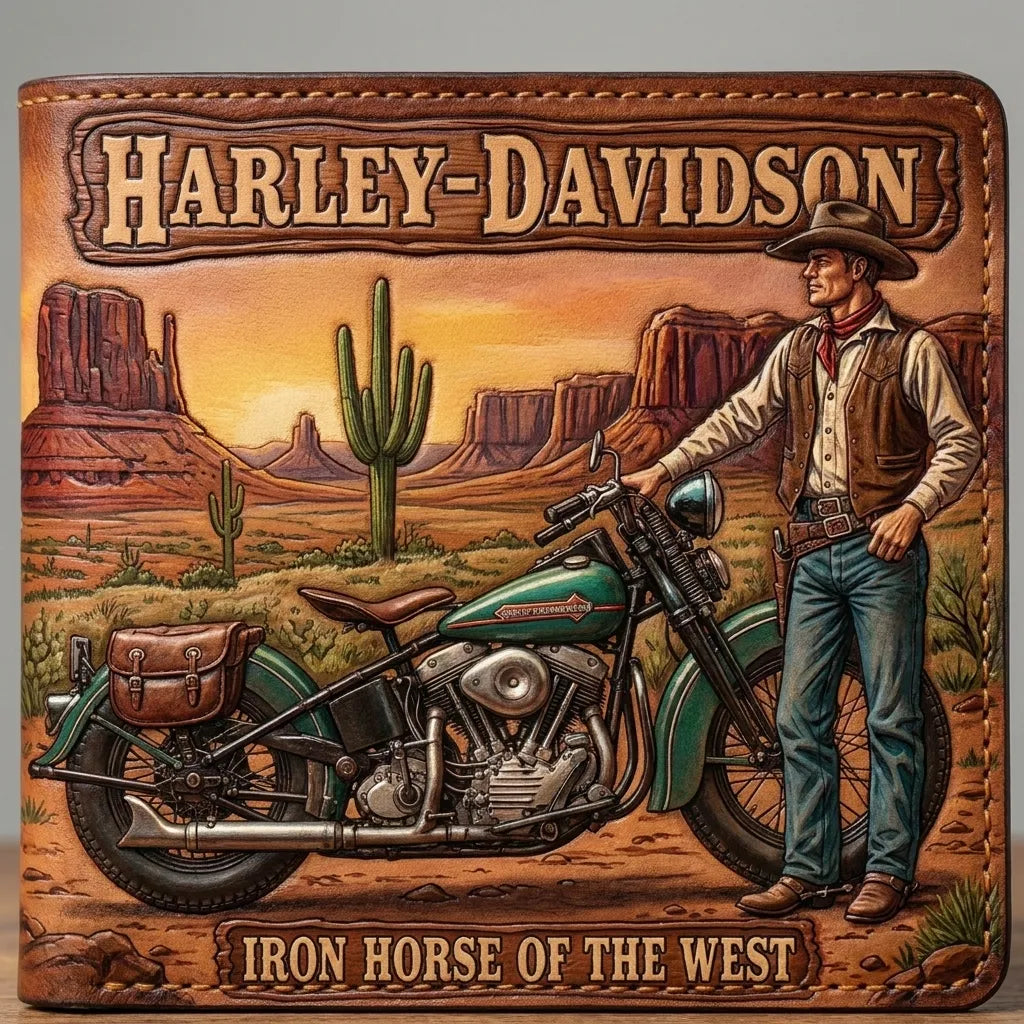 Harley-Davidson "Iron Horse of the West" handmade leather wallet with Western cowboy tooling and rustic sunburst patina.