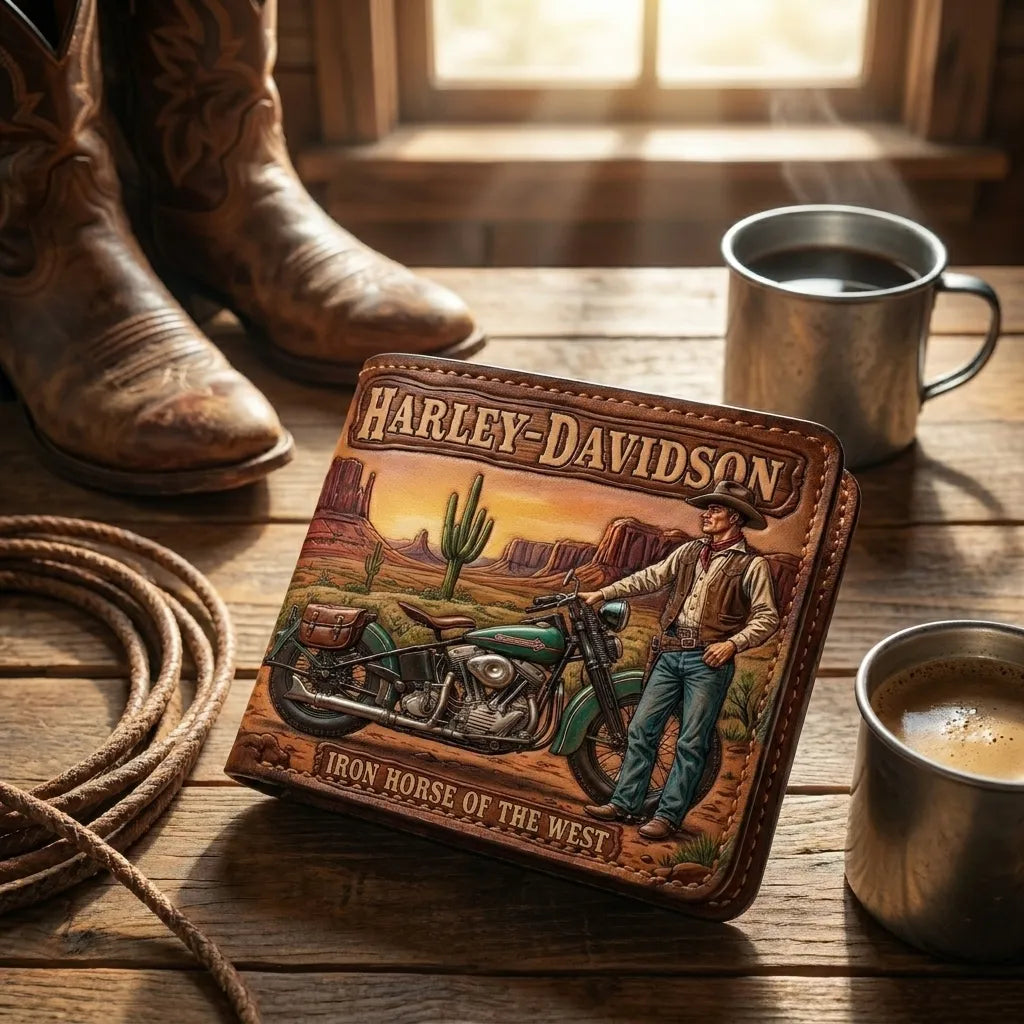 Custom bifold leather wallet featuring a hand-carved vintage motorcycle, cowboy, and "Harley-Davidson" embossed lettering.