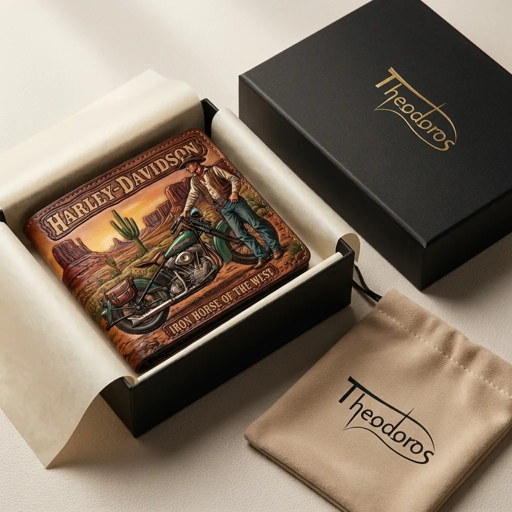 Theodoros luxury gift set featuring a hand-tooled western style Harley-Davidson full-grain leather wallet in a premium box.