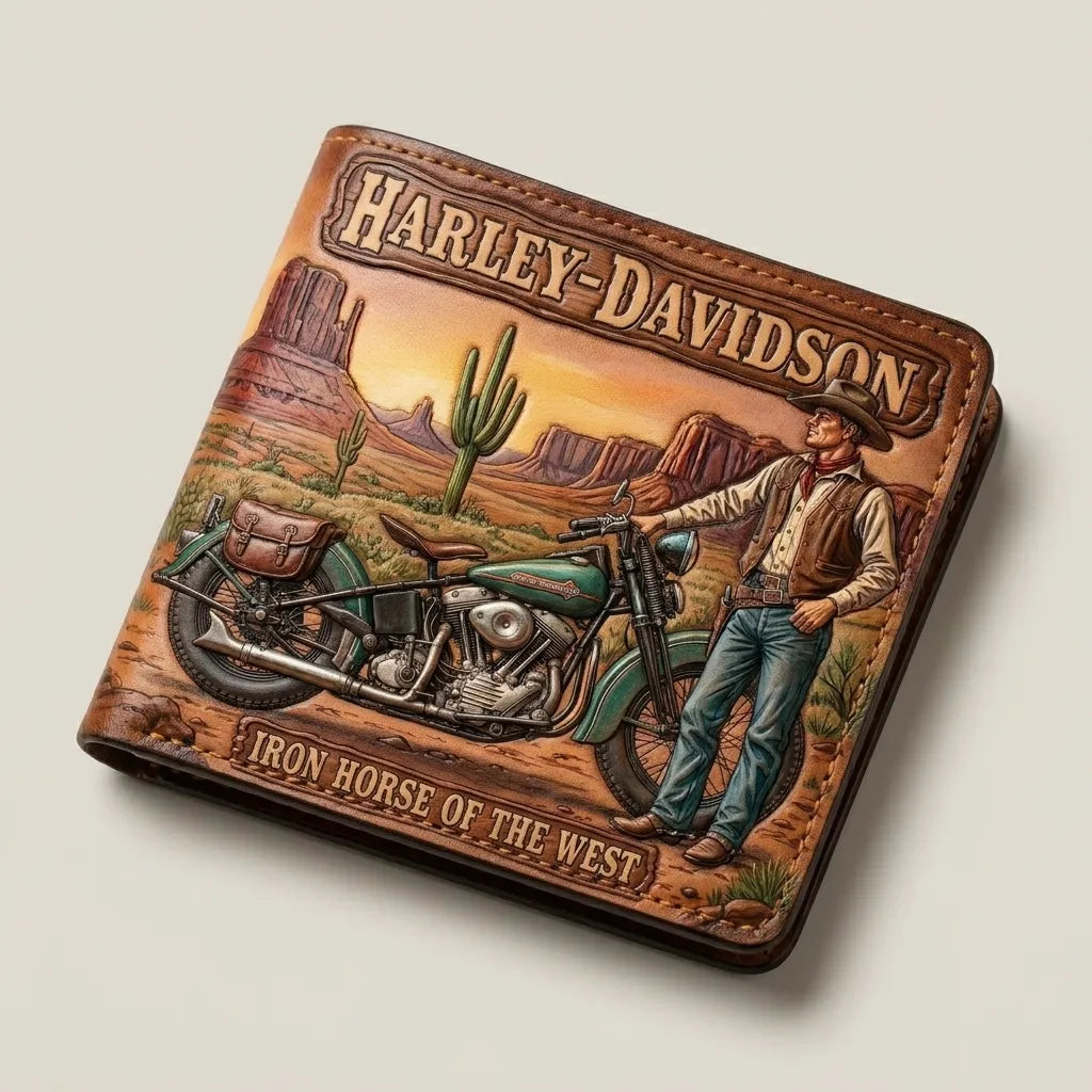 Western-themed lifestyle flat lay showcasing a handmade leather biker wallet with a 3D-tooled Harley-Davidson Motorcycle.