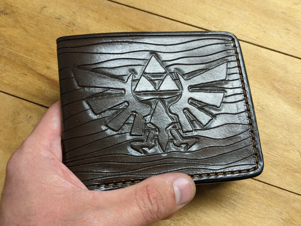 High-quality hand-tooled full-grain leather Zelda wallet for men, handmade by Theodoros Leather and available for order online.