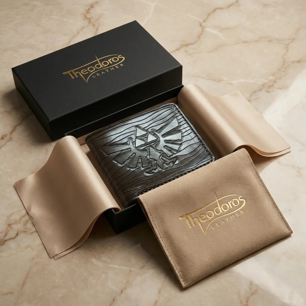 Luxury gift-wrapped Zelda full-grain leather LOZ wallet in a branded Theodoros Leather box, an elegant geek gift for gamers.