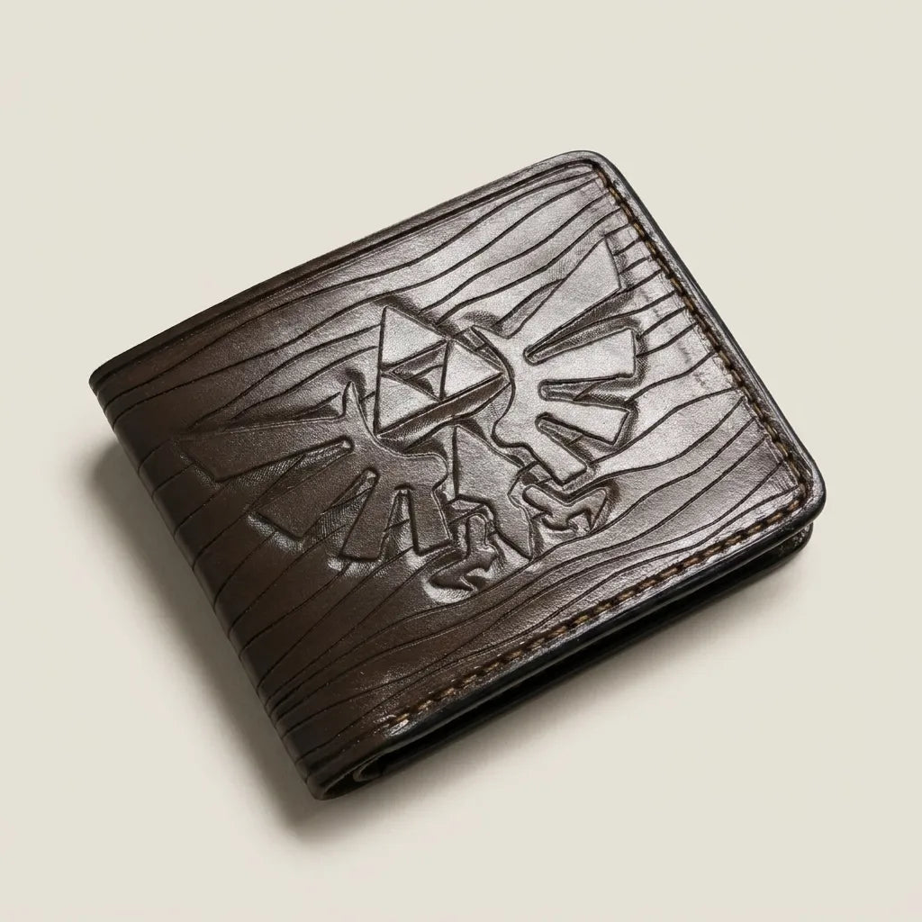 Premium hand-tooled leather Zelda gamer wallet with Hylian Crest, available for fast free shipping across the United States.