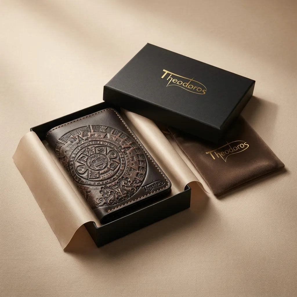 Theodoros luxury gift set featuring a hand-tooled Mayan Calendar leather card holder in a premium black box with a gold logo.