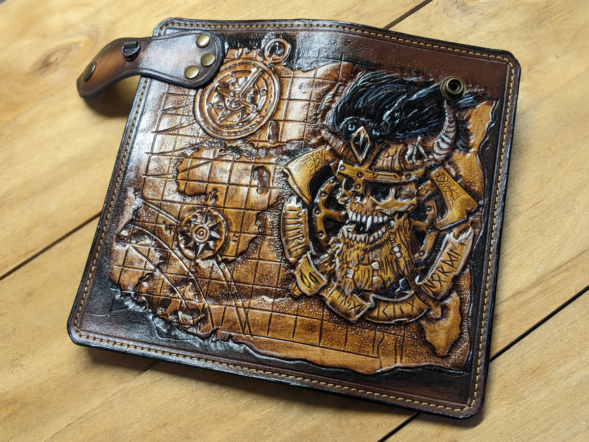 M2S7, Viking Warrior Odin Skull, Raven & Treasure Map Wallet