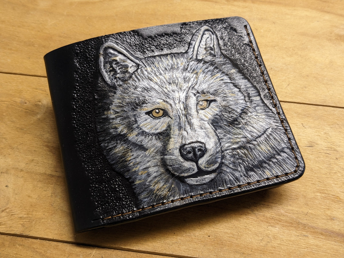 M1A19, Gray Wolf Handmade Embossed Bifold Leather Wallet