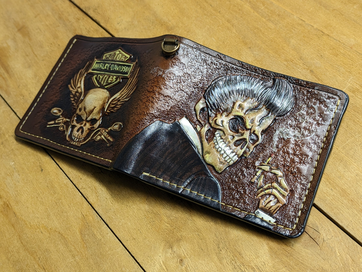 M1D9, Harley Davidson Skull Pompadour Haircut Leather Wallet