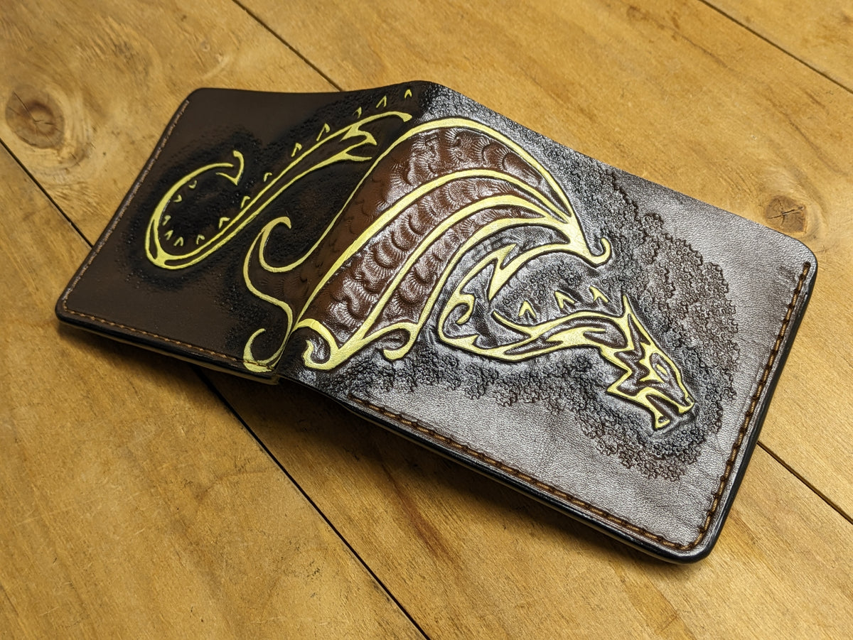 M1B8, Celtic Knot Dragon Skeleton Bifold Leather Wallet