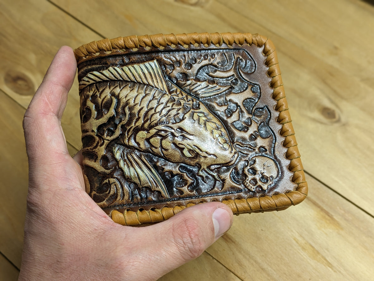 M1P12, Koi Fish Sheridan Style Carp Fisherman Leather wallet