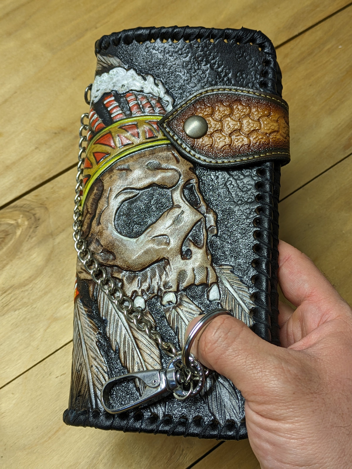 M2S11, Indian Chief Skull Long Leather Biker Chain Wallet