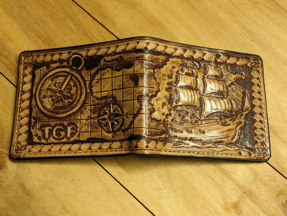 M1H8, Frigate Pirate Ship, Treasure Map, Compass Rose Wallet