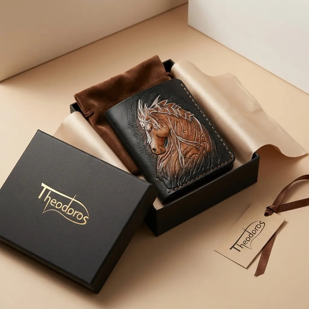 Theodoros leather unboxing set featuring a hand-tooled unicorn horse leather wallet in a premium black gift box.