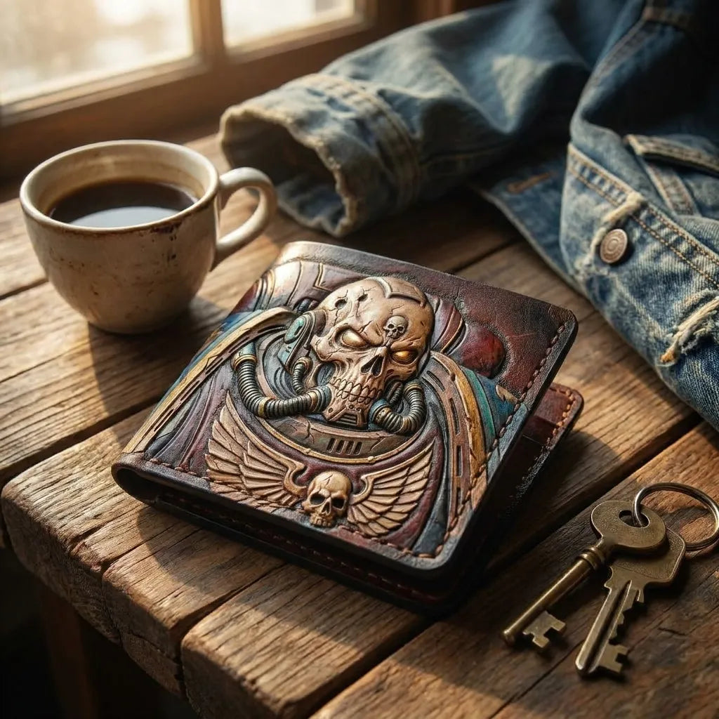 Custom handmade leather wallet showcasing a high-relief, hand-carved Space Marine Chaplain with weathered metallic finishes.