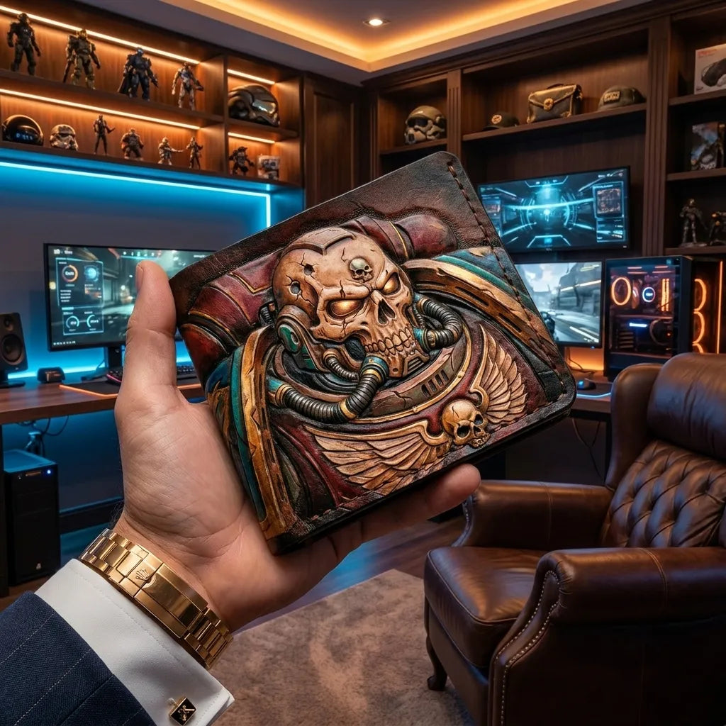 Grimdark-inspired hand-tooled leather wallet with Warhammer 40K, featuring a skull helm, mechanical piping, and winged skull.