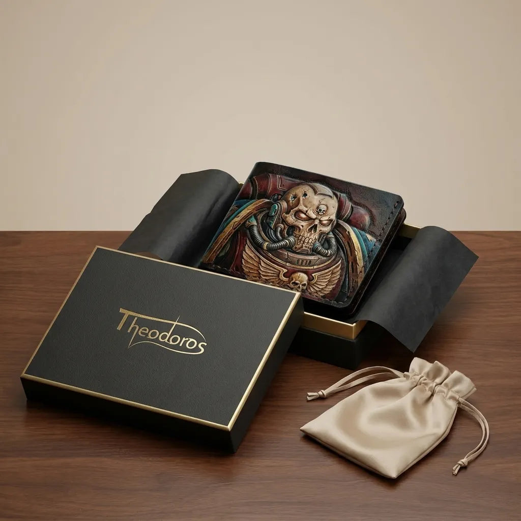 Warhammer 40,000 Space Marine Chaplain handmade leather bifold wallet with hand-tooled skull artwork.
