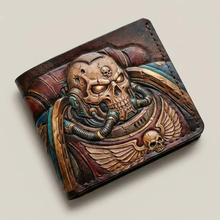 Hand-tooled leather bifold wallet featuring a Warhammer 40K Space Marine Chaplain design with skull and power armor detailing.