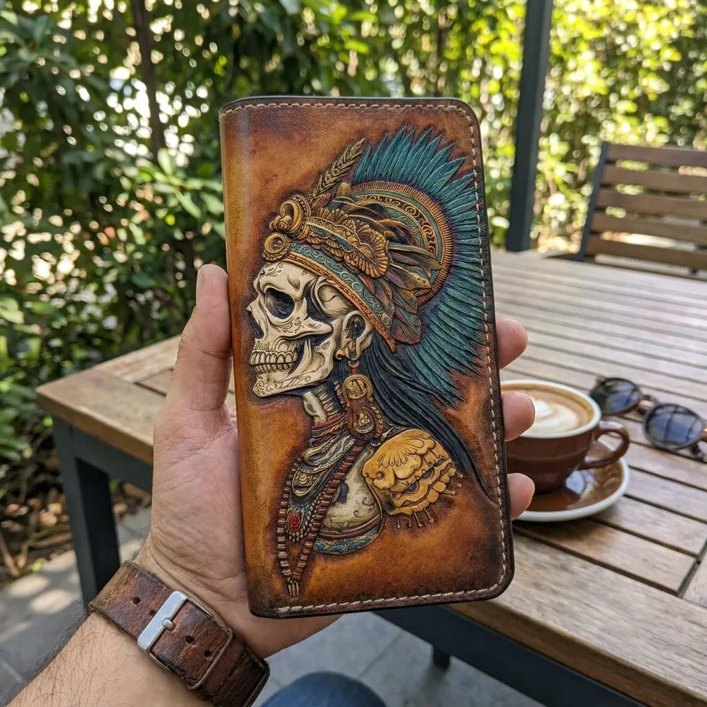 Hand-tooled Aztec Warrior Skull tribal skeleton biker wallet – handmade gift for men – Theodoros Leather