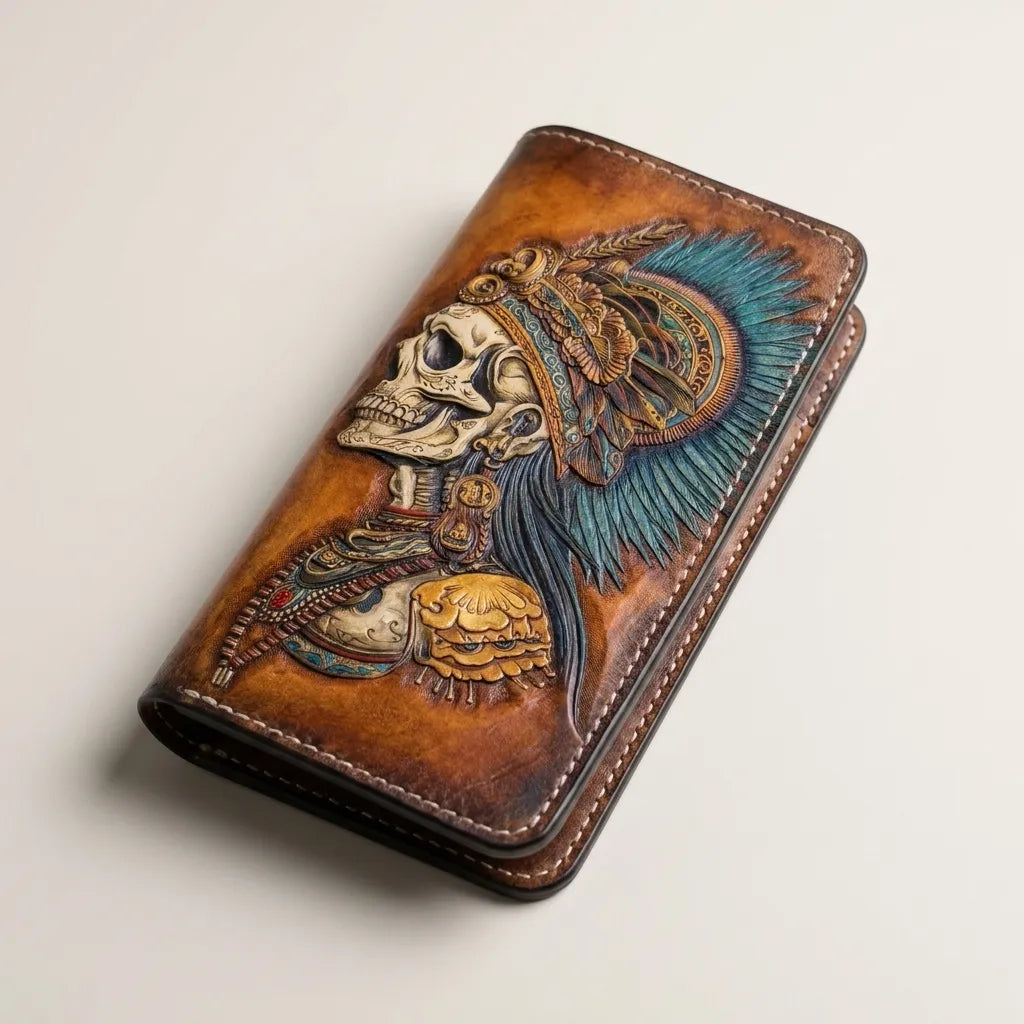 Aztec Warrior Skull long wallet interior – 10 card slots, zip coin pocket, RFID protection – Theodoros Leather