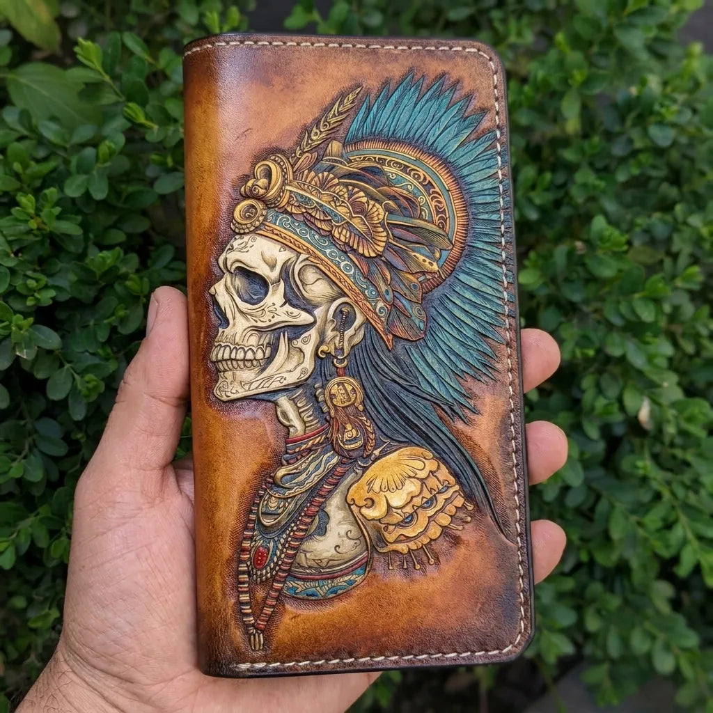 Hand-tooled tribal skeleton biker wallet full-grain vegetable-tanned leather RFID safe – Theodoros Leather