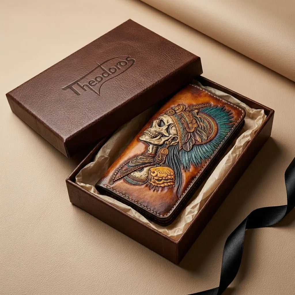 Aztec Warrior Tribal Skeleton long biker wallet handcrafted artisan leatherwork unique men's gift – Theodoros Leather Workshop