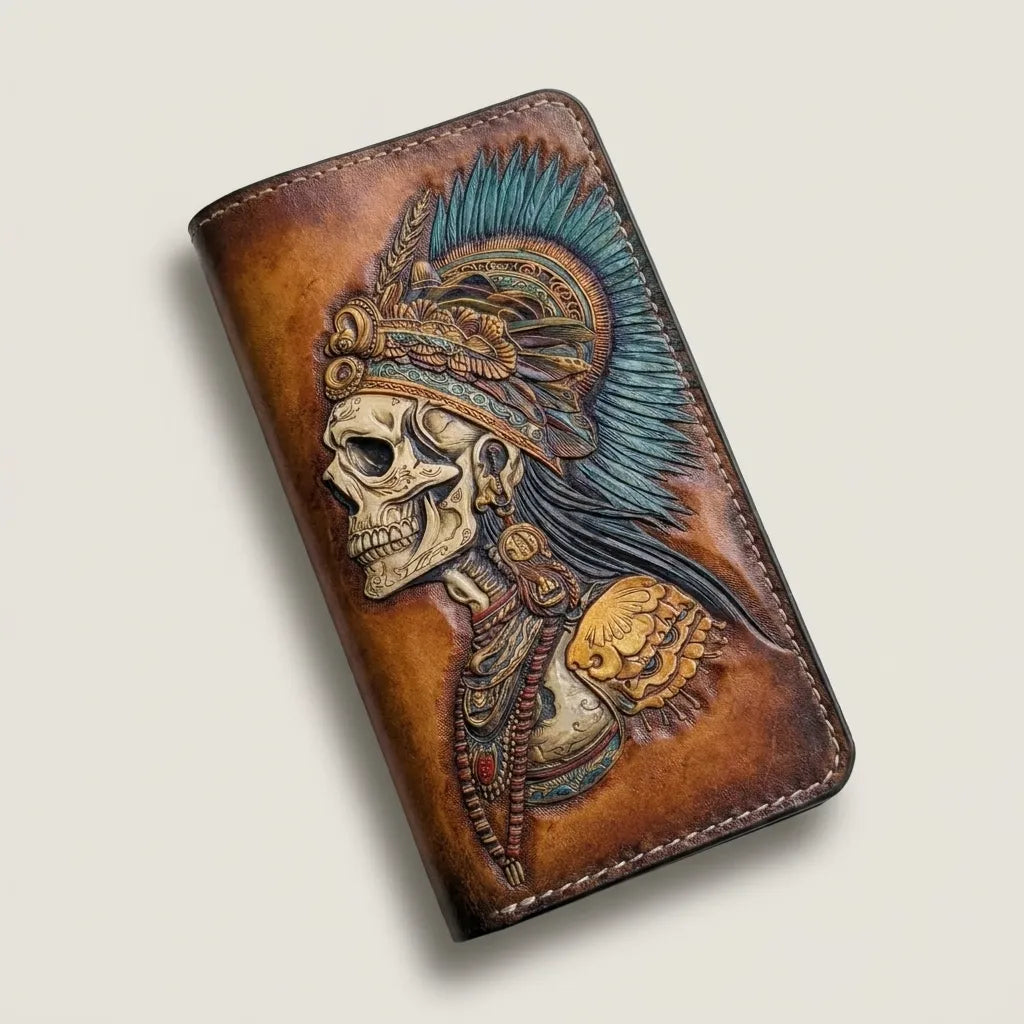 Aztec Warrior Skull hand-tooled bifold biker leather wallet for men – Theodoros Leather