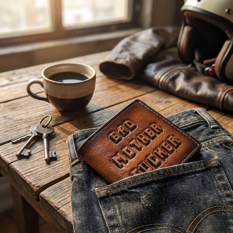 Premium full grain leather bifold wallet with “Bad Mother F*cker” embossing