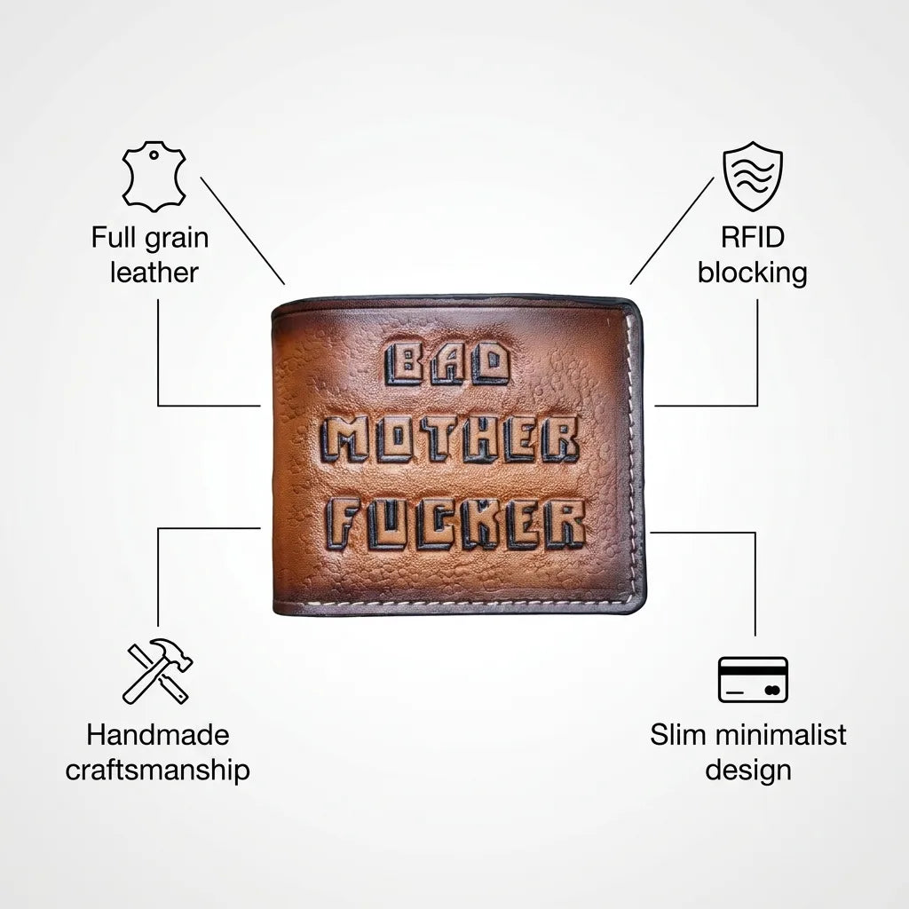 RFID-protected handmade wallet with iconic “Bad Mother F*cker” engraving