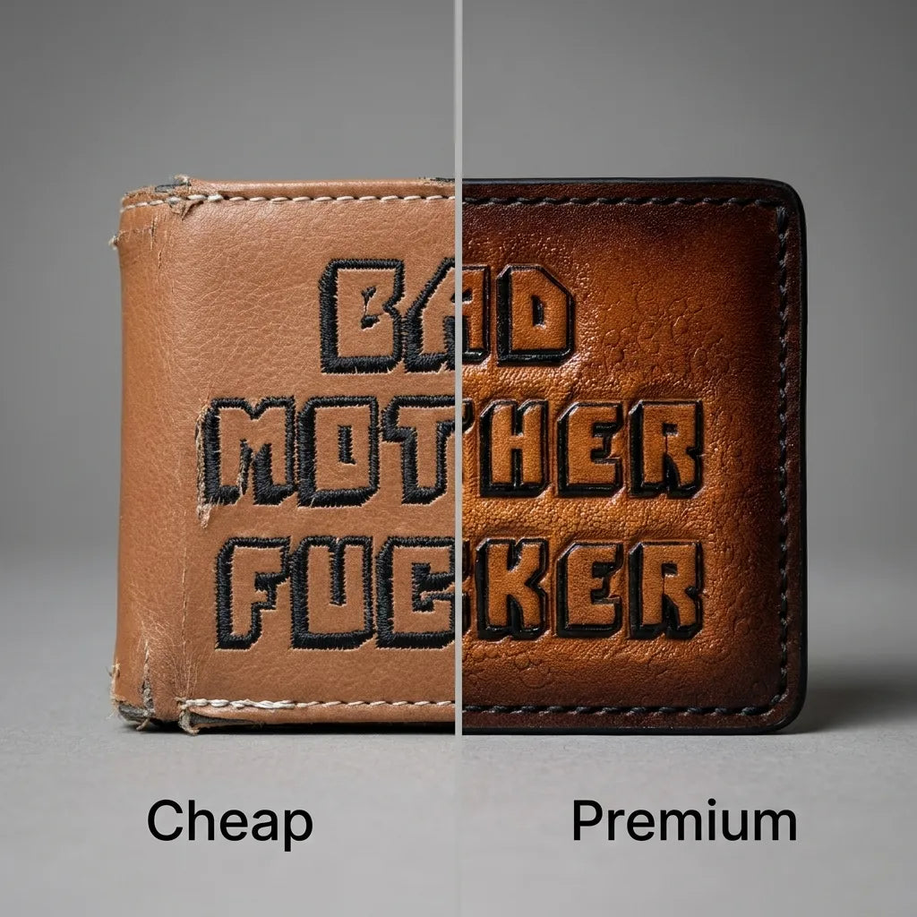 Split image of “Bad Mother F*cker” wallets: cheap worn synthetic vs premium full-grain leather with clean engraving